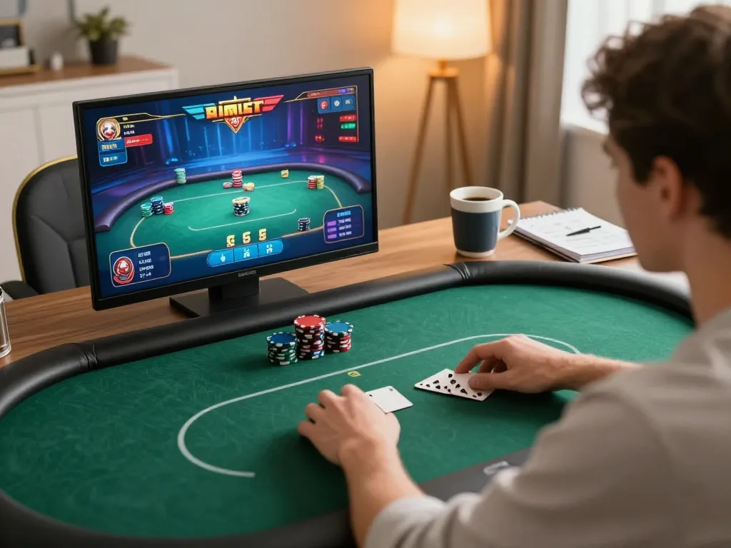 Player strategizing during a ligalgo online poker game with vibrant graphics.