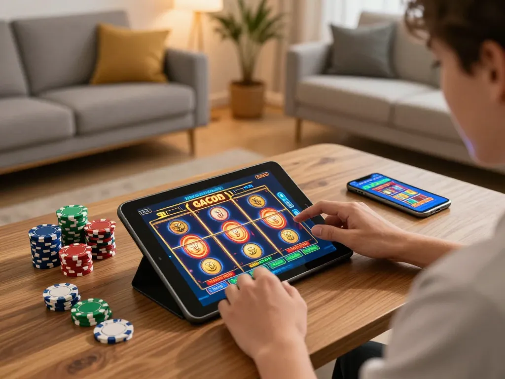 Player enjoying slot gacor games on tablet in cozy home setting with chips and drinks.