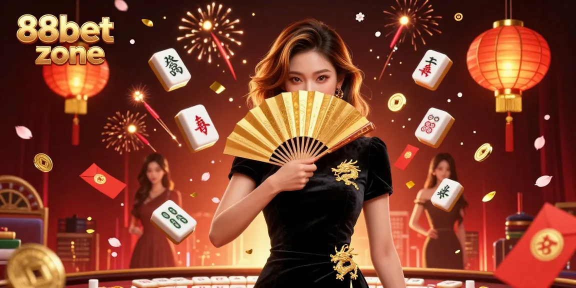 An Asian woman at the 88bet zone showcases her elegance amidst floating mahjong tiles and glowing lanterns, inviting players to win.