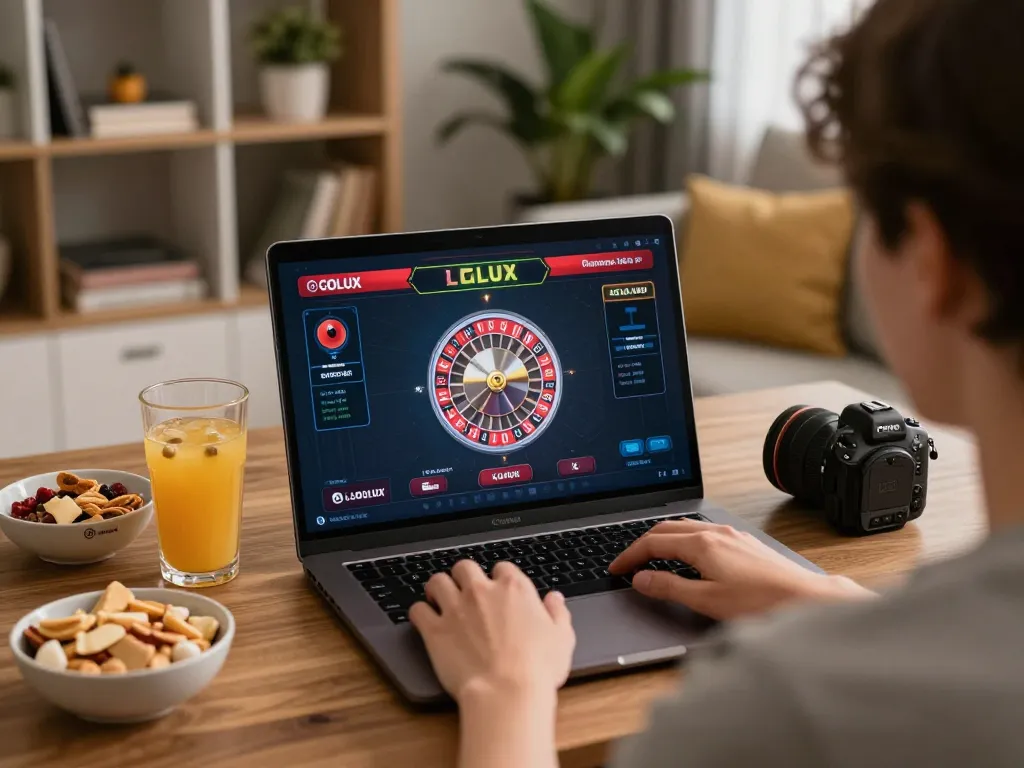 Engaged player using LGOLUX online casino interface at home, showcasing responsible gaming