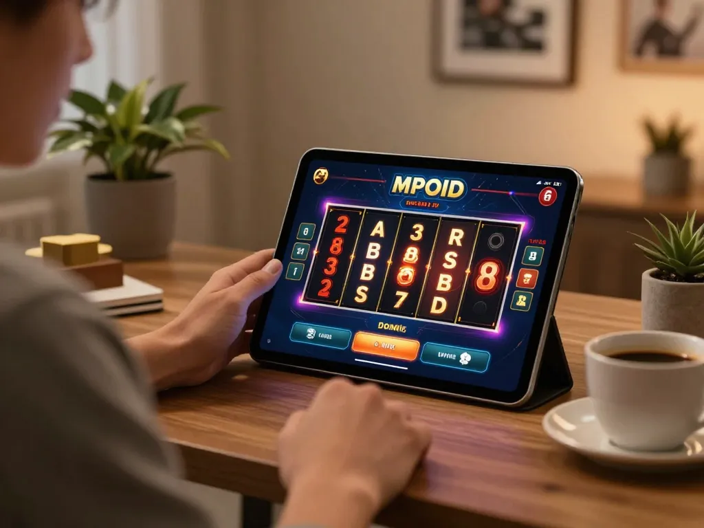 MPOID user intensely engaging with online casino game interface on a tablet in stylish home