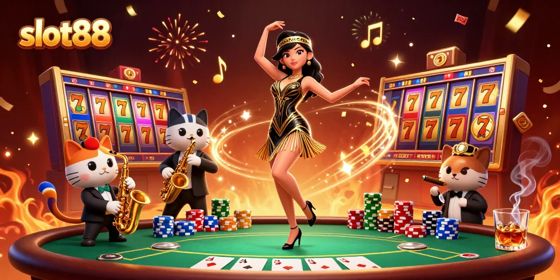 Engaging slot88 gameplay scene with a stylish flapper and jazz cat amidst vibrant casino elements.