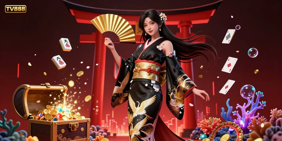 Experience the excitement of TV888 with a vibrant 3D illustration filled with energy and casino elements.