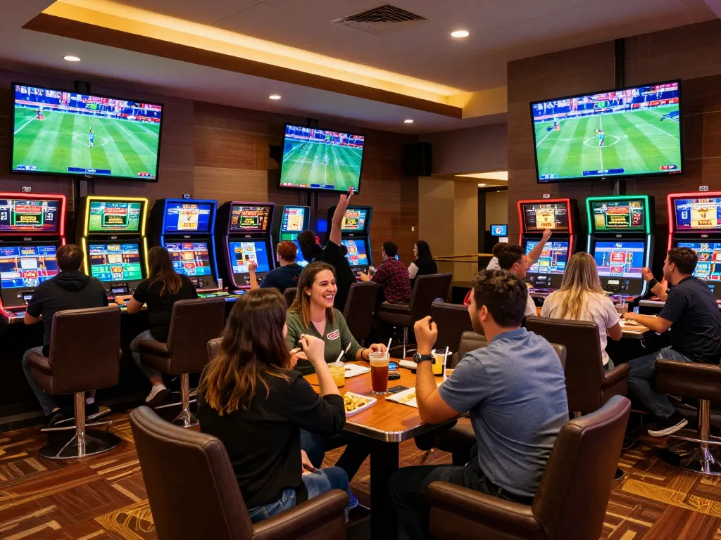 Net88 sports betting area with friends cheering for live events and discussing bets.