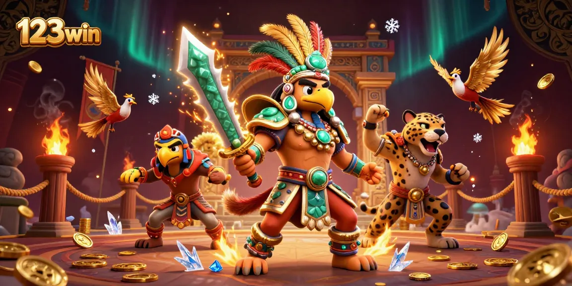Engage in action with 123win as Aztec warriors celebrate victories amidst golden coins and dynamic gaming elements.