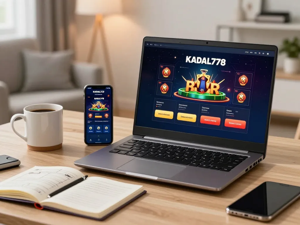 KADAL778 players enjoying online gaming on stylish laptop and smartphone in cozy setting.