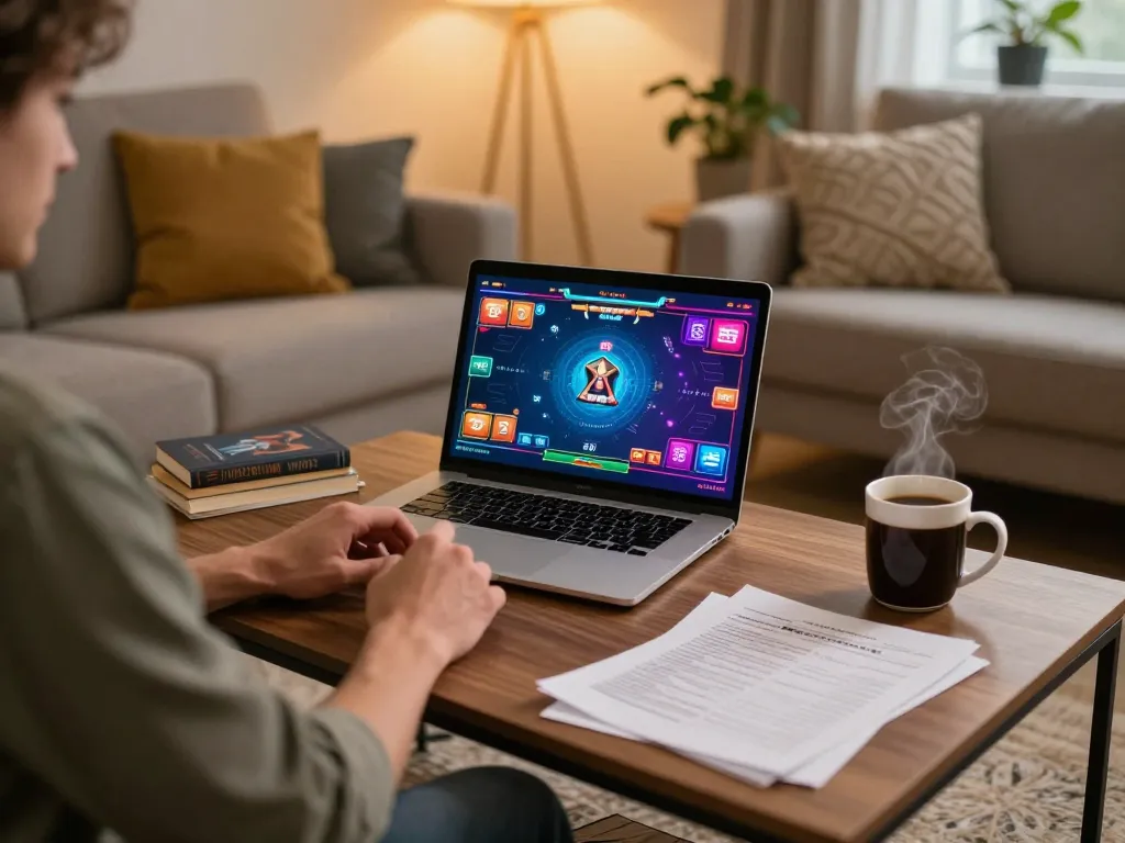 MPO08 player strategizing in an online poker session from a cozy living room.