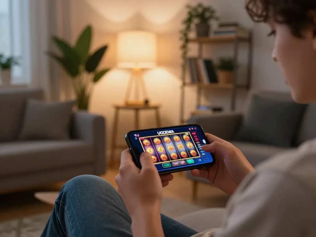Player engaging with the UGDEWA app on their smartphone, showcasing a vibrant gaming experience.