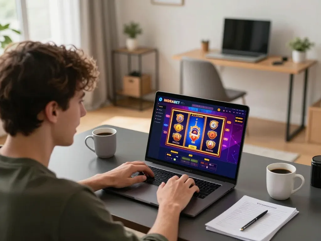 Engaged player interacting with INDRABET online slot game on their laptop during a home gaming session