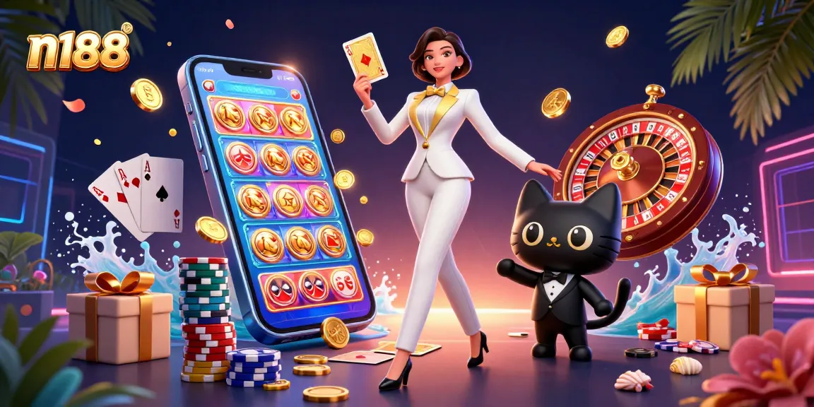Engage with n188's immersive gambling experience, featuring a glamorous host and captivating game elements.