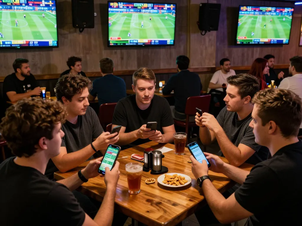 BONGDALU users engaged in live sports betting at a bustling bar, surrounded by screens and apps.