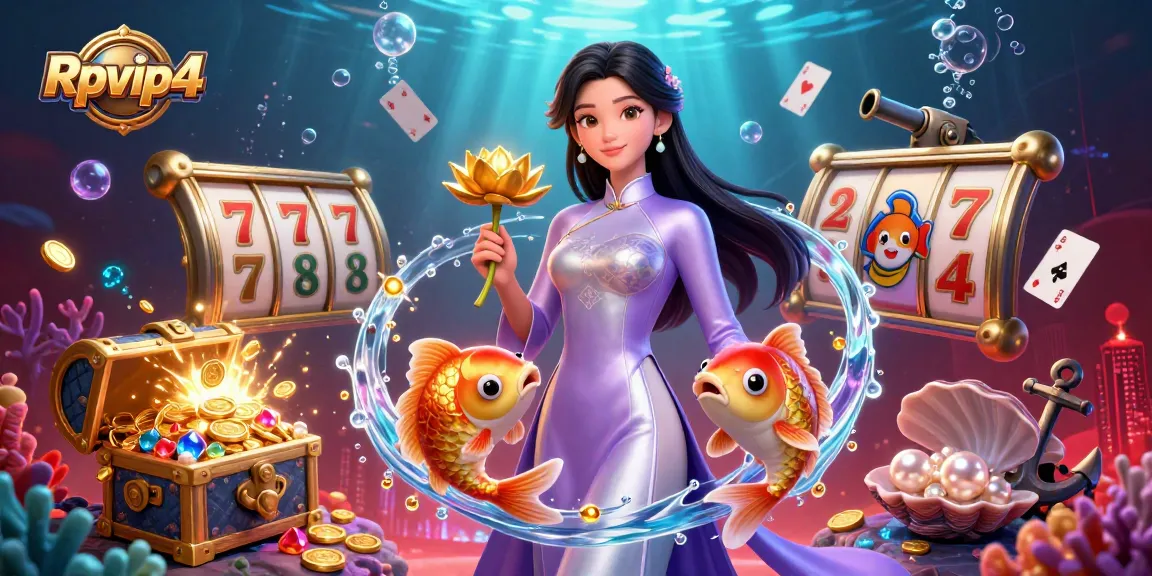 Rasakan aksi kasino Rpvip4 yang mendebarkan dengan ilustrasi 3D yang hidup dari mesin slot, ikan koi, dan harta karun bawah laut.