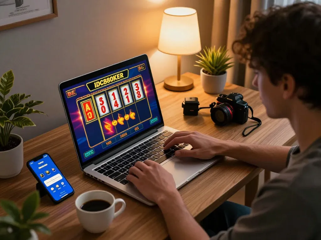 Player enjoying an IDC88JOKER slot game on a laptop in a cozy home setting