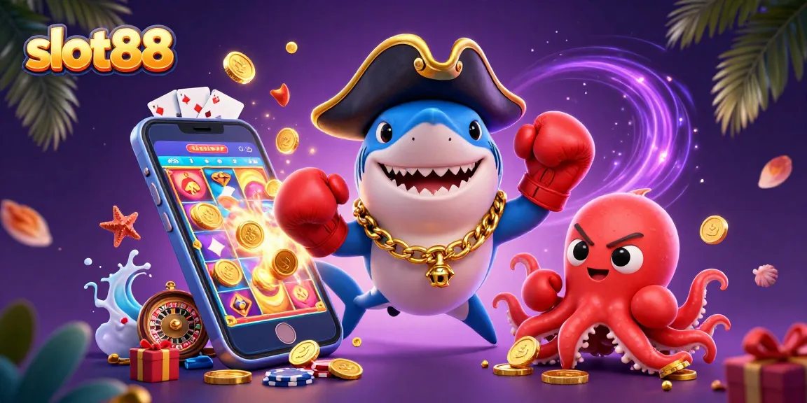 Engage with slot88's thrilling gameplay through a vibrant scene featuring dynamic characters and casino elements.