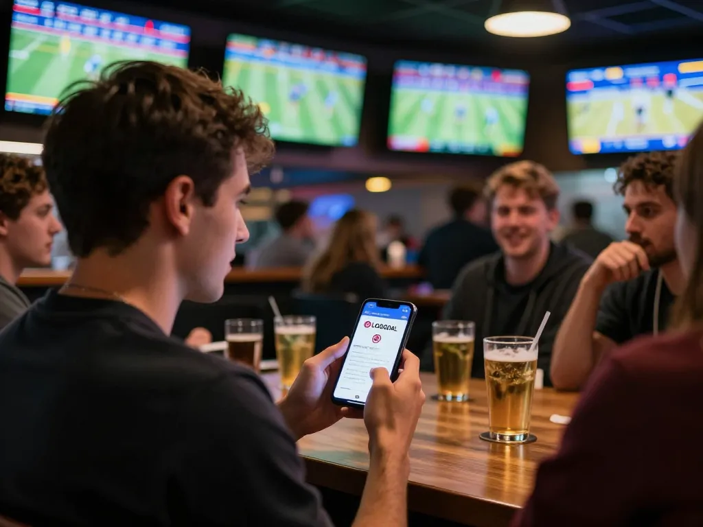 Excited sports bettor using LGOGOAL app while watching live events in active sports bar.