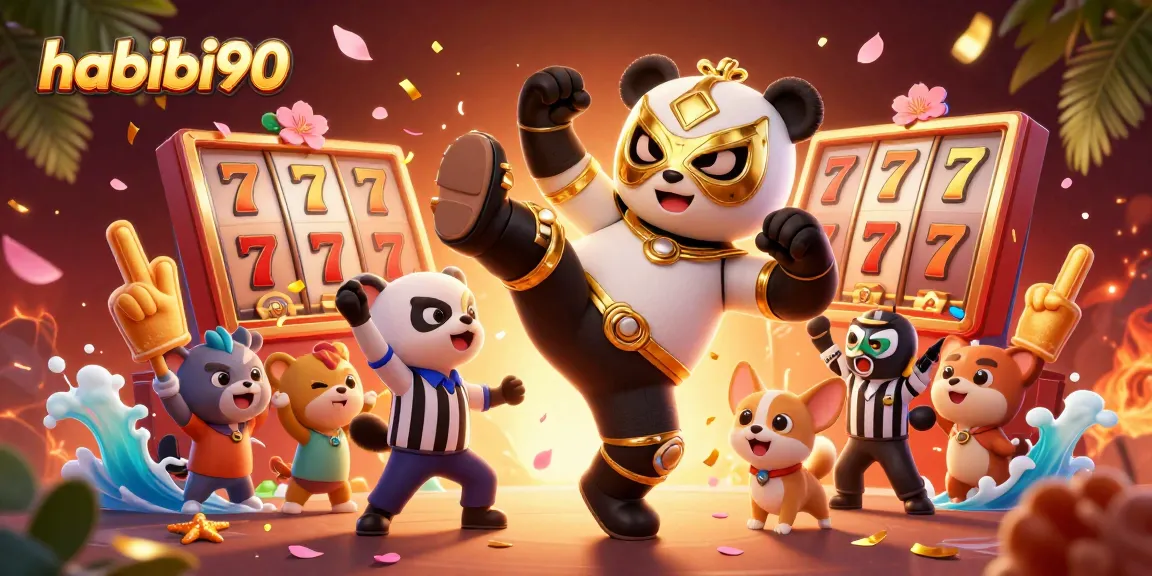 Engage with habibi90's spinning slot reels as a panda wrestler performs an exciting kick.