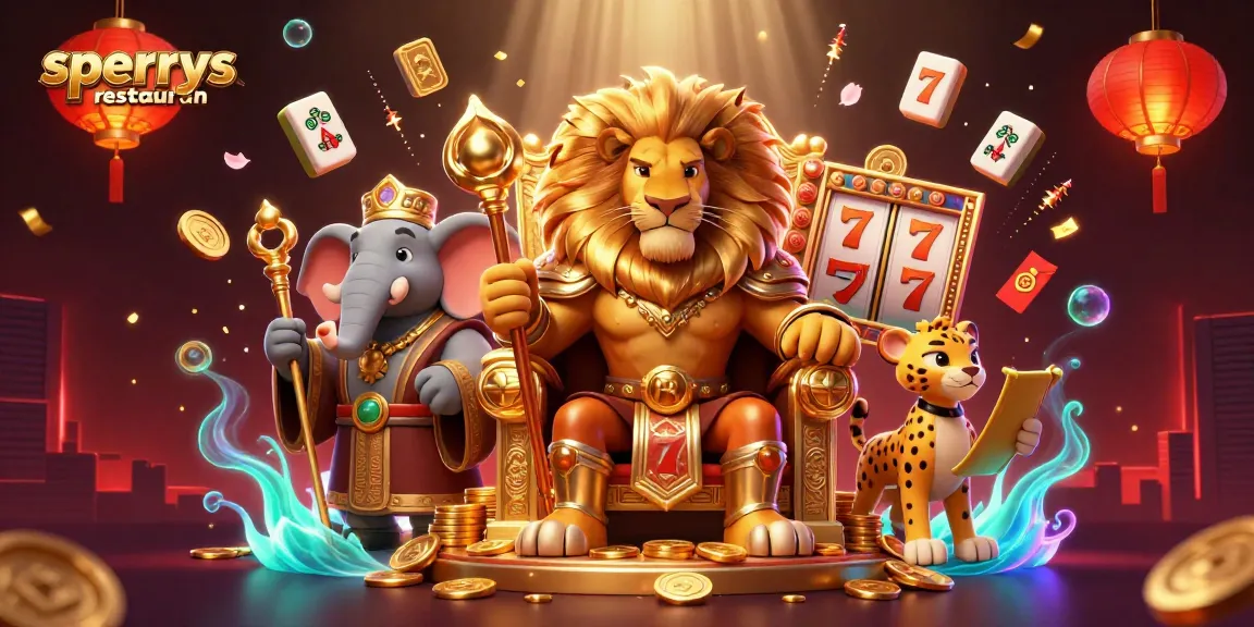 Sperrysrestaurant showcases a vibrant casino scene with a regal lion and dynamic gambling elements.