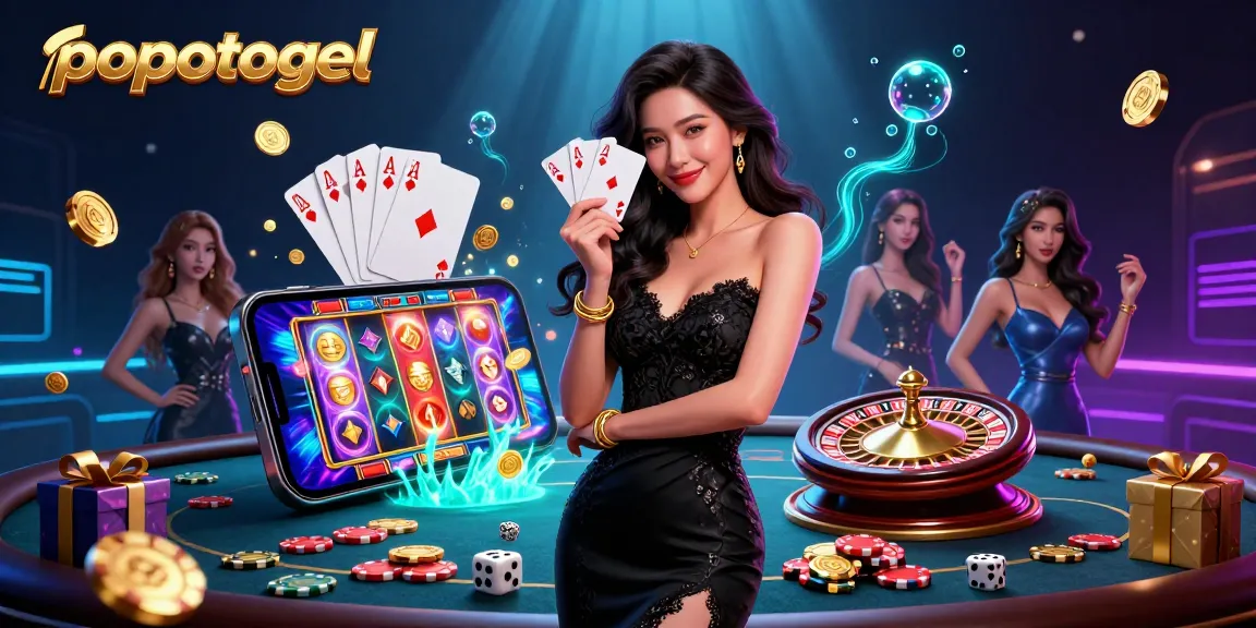Experience popotogel with an elegant Asian woman revealing ace cards, set amidst dynamic casino elements.