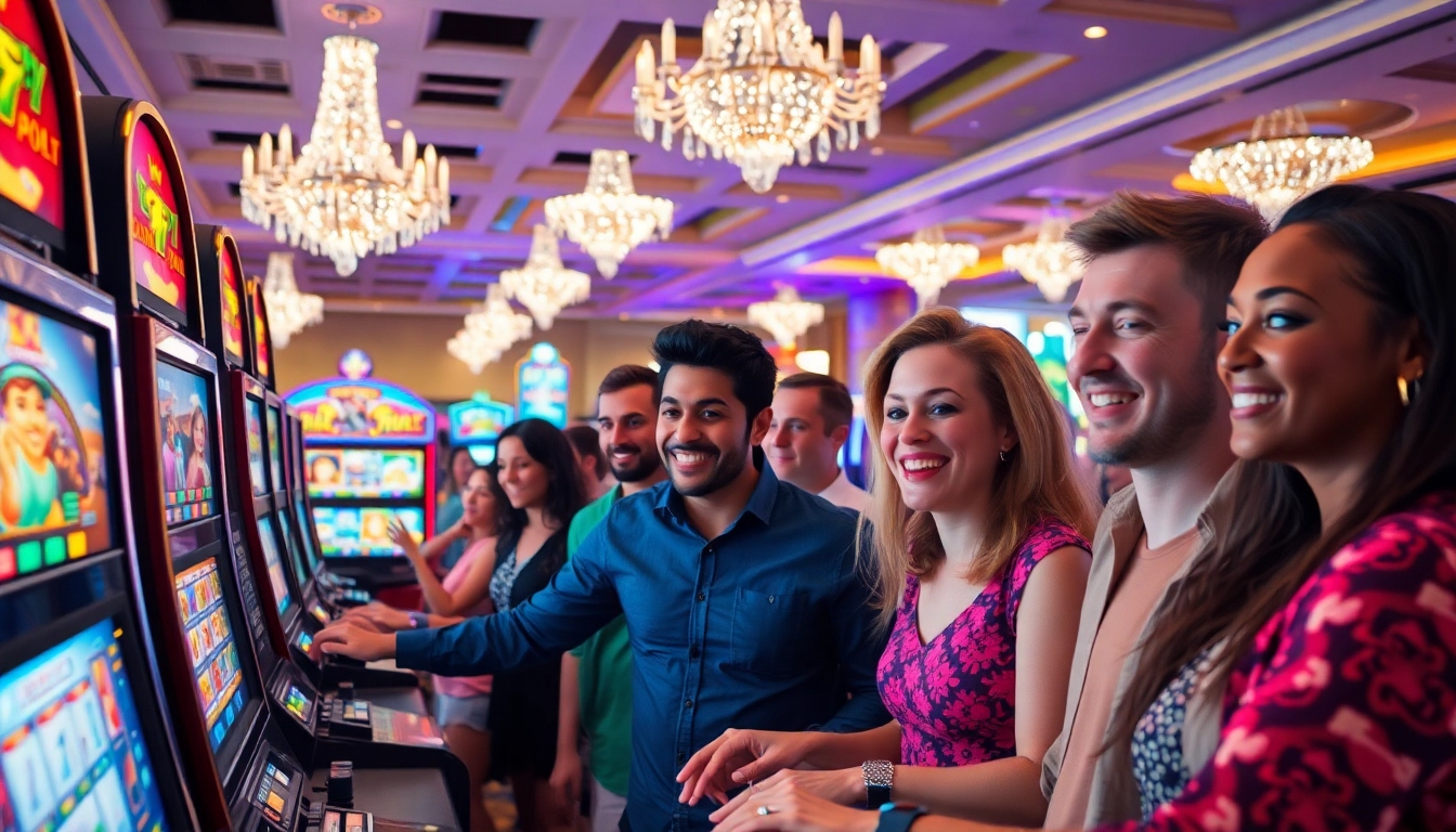 Mainkan slot dengan kegembiraan pemain di kasino yang cerah.
