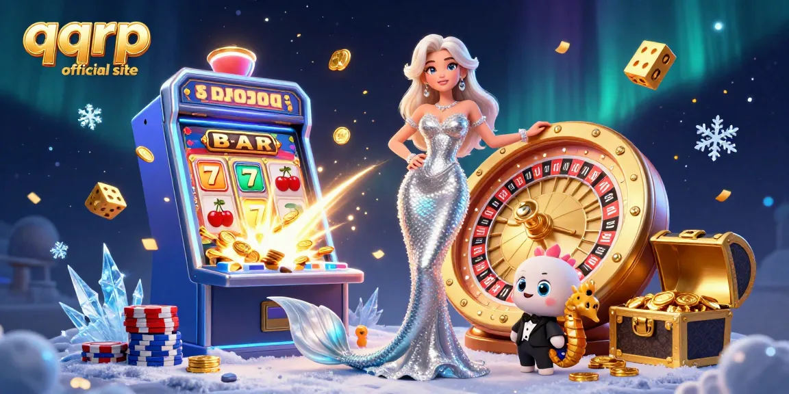 Join the excitement at qqrp official site with a 3D scene of thrilling casino games, including roulette and slot machines.