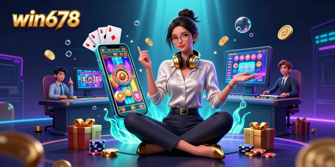Win678 showcases a vibrant online casino experience with a dynamic Asian woman gaming and slot action.