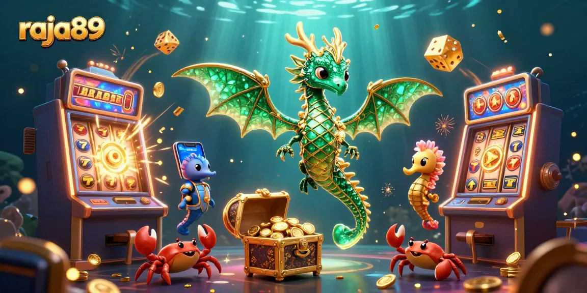 Experience the vibrant action of raja89 with a dynamic underwater casino scene featuring a sea dragon and treasures.