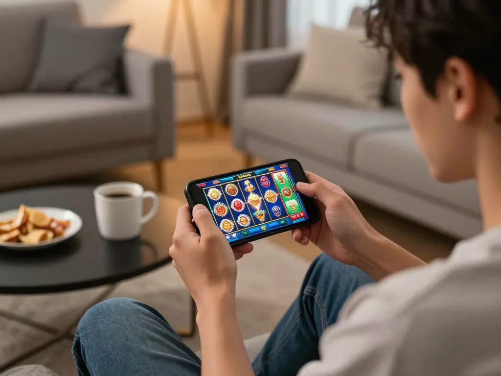 Pemain slot online mobile yang menarik menangkap momen kegembiraan dan strategi di rumah yang nyaman.
