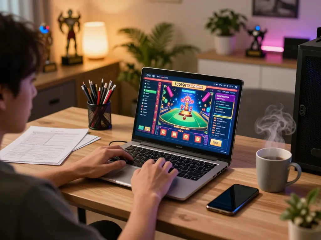 LGO99 Situs Game Online Terpercaya Di INDONESIA with a player engaging in online gaming strategy at home, illuminated laptop screen.