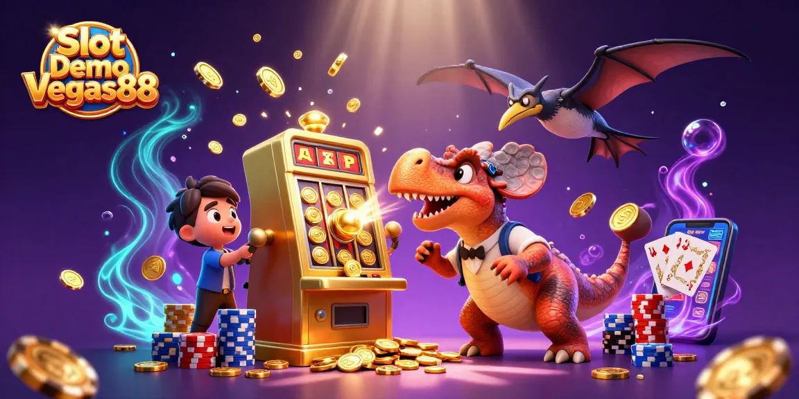 Engage with Slot Demo Vegas88 as a cartoon pachycephalosaurus activates a jackpot slot machine amid cascading coins.