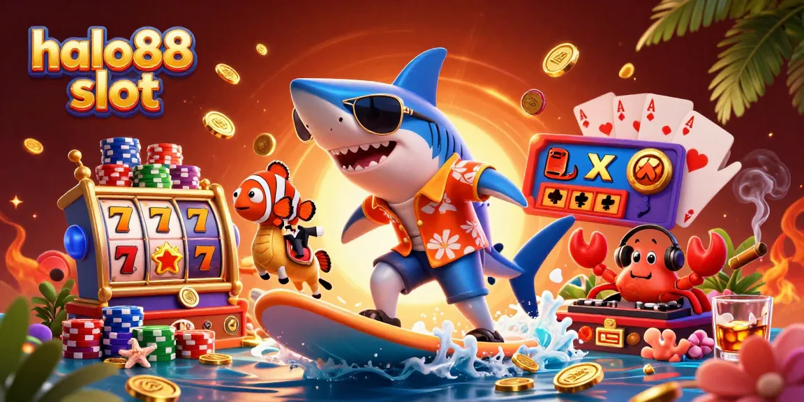 Play exciting games at halo88 slot with the shark, clownfish, and crab DJ under a golden coin wave.