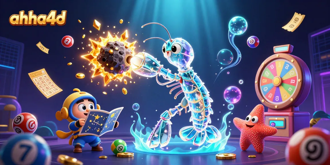 Engage with ahha4d as the galactic samurai mantis shrimp navigates colorful lottery elements in a dynamic casino scene.