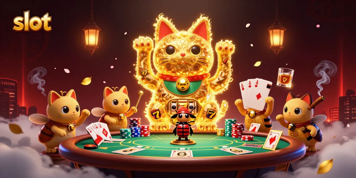 Spin the slots with our artistic lucky cat and vibrant casino symbols in a lively gaming scene.