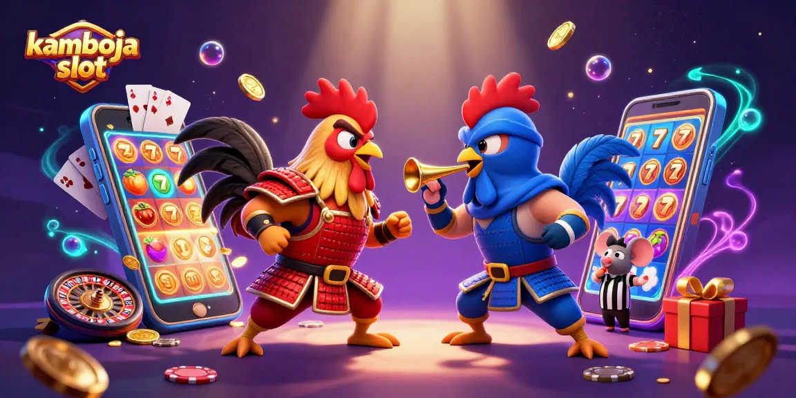 Memenangkan peluang di kamboja slot dengan ilustrasi 3D berwarna-warni dari ayam jantan bertarung yang menghasilkan uang.