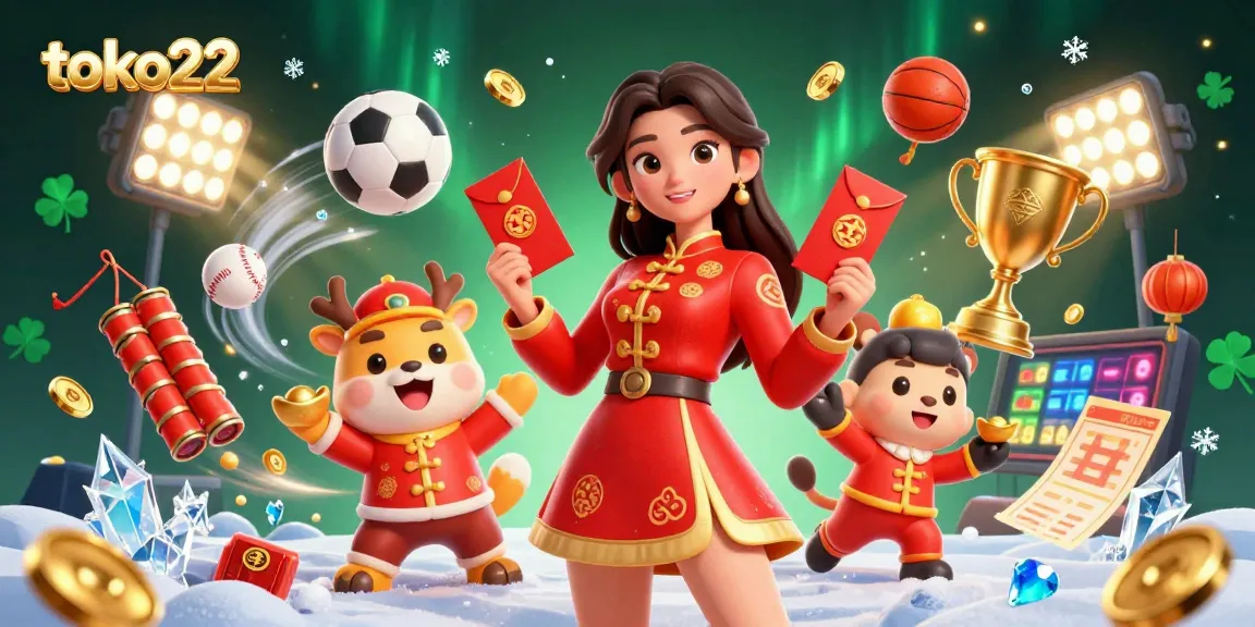 Engage with toko22 through vibrant casino elements, featuring a festive Asian woman, sports balls, and golden decorations.
