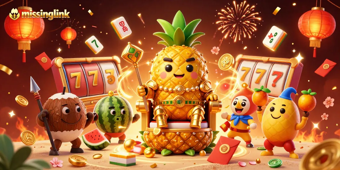 Join the adventure at missinglink with the golden pineapple king ruling a vibrant casino filled with excitement and joy.