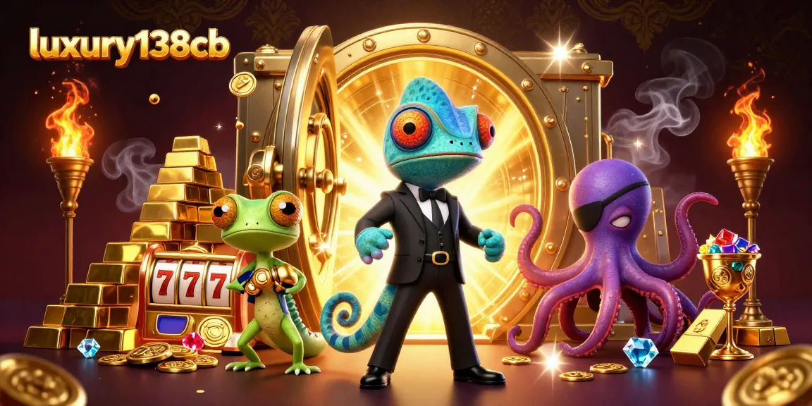Feel the excitement at luxury138cb with a colorful chameleon agent and treasures galore in this vibrant casino scene.