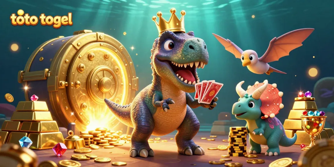 Experience the thrill of toto togel with a T-Rex card shuffling in a vibrant casino scene.