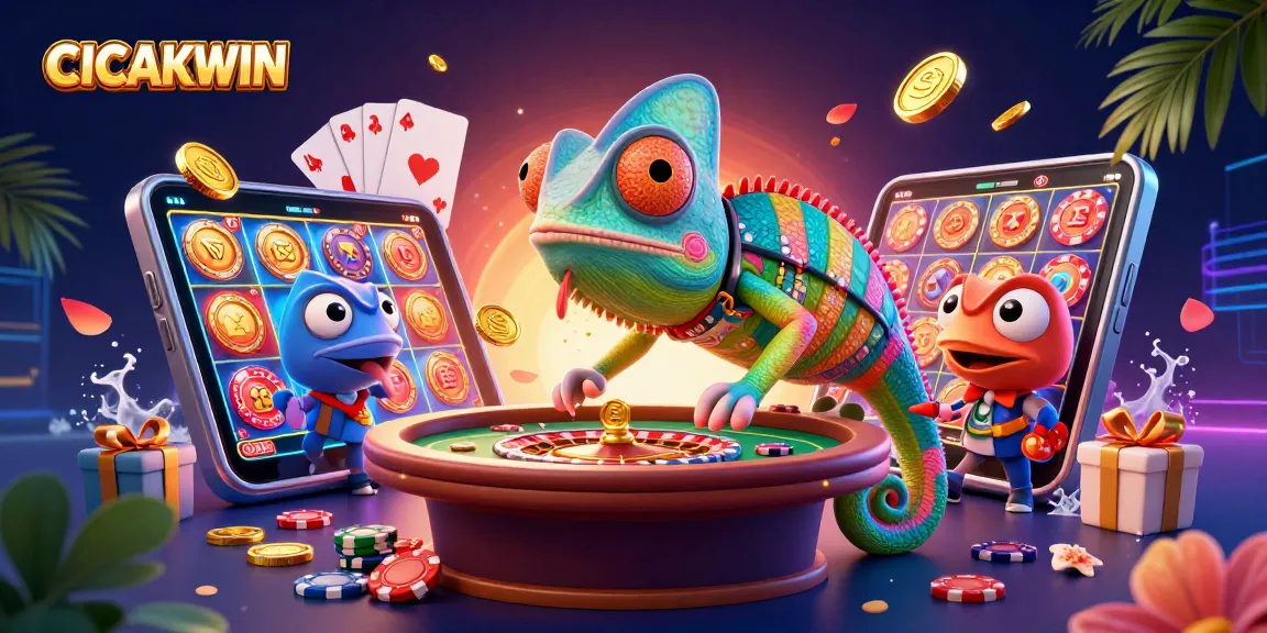 CICAKWIN hadir dengan chameleon kasino besar yang menyambar koin emas di tengah permainan slot dan roulette.