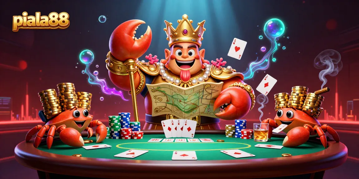 Experience exciting betting at piala88 with a dynamic scene, featuring a golden crab emperor surrounded by poker elements.