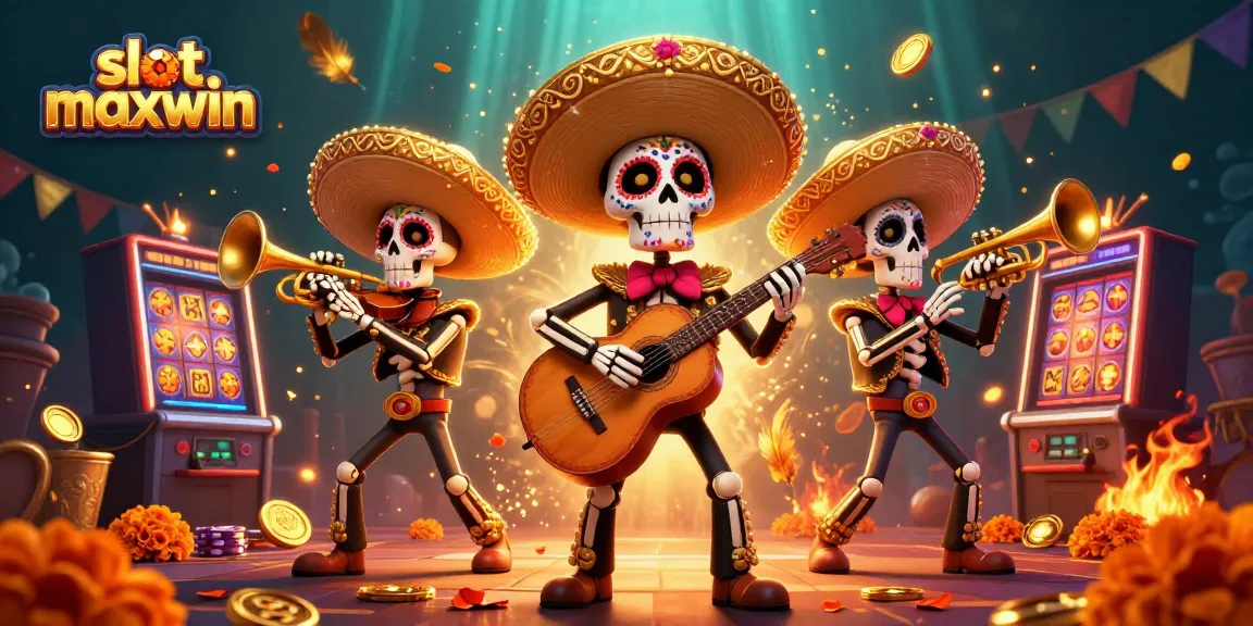 Engage with slot maxwin excitement through a vibrant 3D illustration showcasing festive skeletons and dynamic gaming elements.