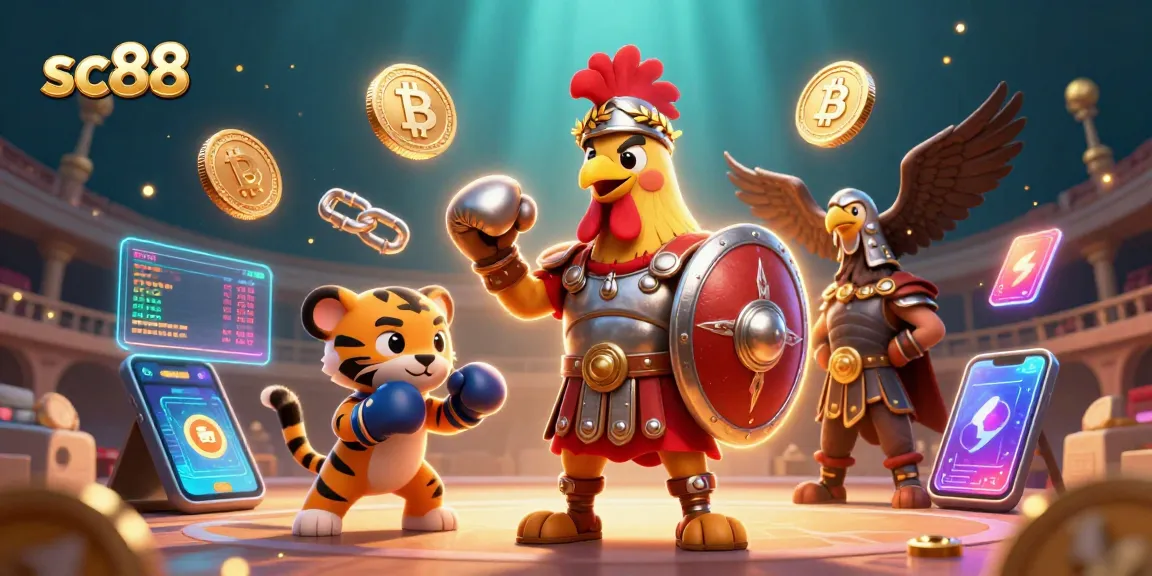 Experience thrilling moments at sc88 with gladiator rooster and tiger cub sparring in a vibrant casino scene.