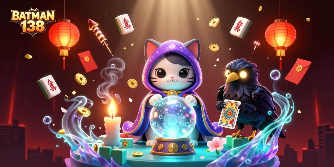 Engage with BATMAN 138 through a vibrant casino-themed illustration showcasing lucky elements and mystical characters.