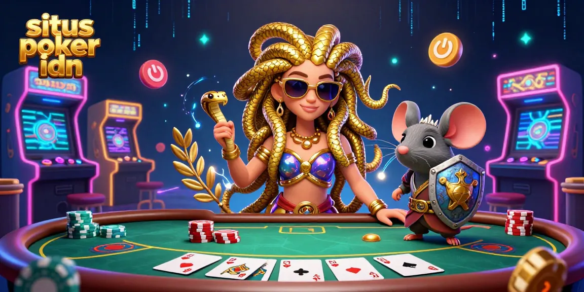 Engage with poker excitement at situs poker idn, featuring Medusa and a warrior mouse in a vibrant illustration.