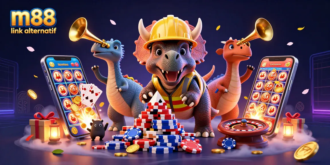 Menyambut pemain dengan m88 link alternatif, gambar kasino yang meriah dengan karakter kartun yang membangun tumpukan chip poker.