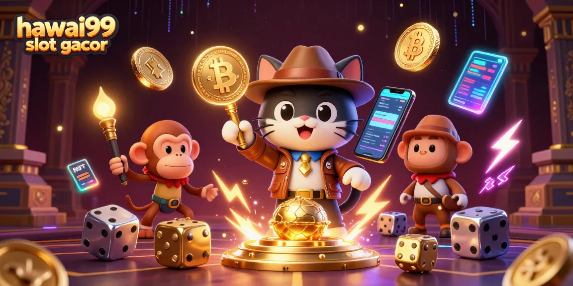Experience the excitement of hawai99 slot gacor in a vibrant, dynamic 3D scene with animated characters and casino elements.