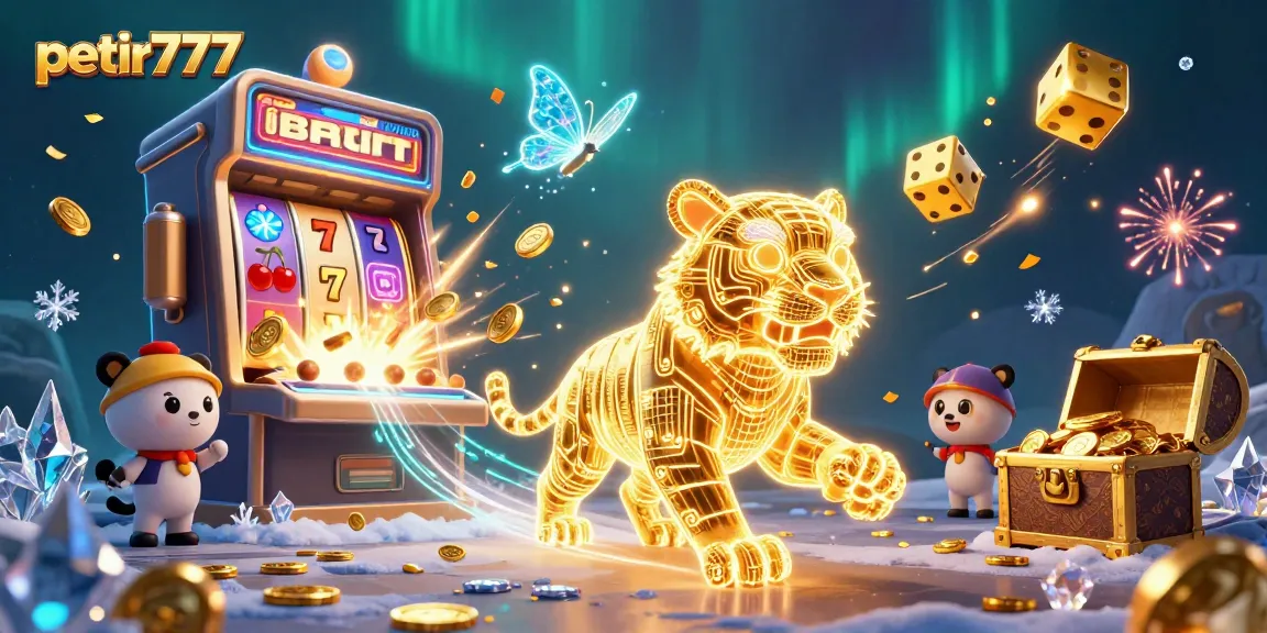 Visualize the thrilling action at petir777 with a neon tiger and exciting casino elements flashing glory