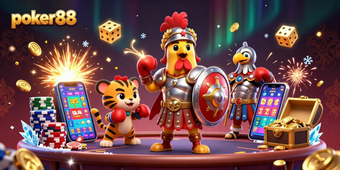poker88 mengumpulkan chip dan koin dalam pertandingan poker seru di arena, dikelilingi kebangkitan jackpot
