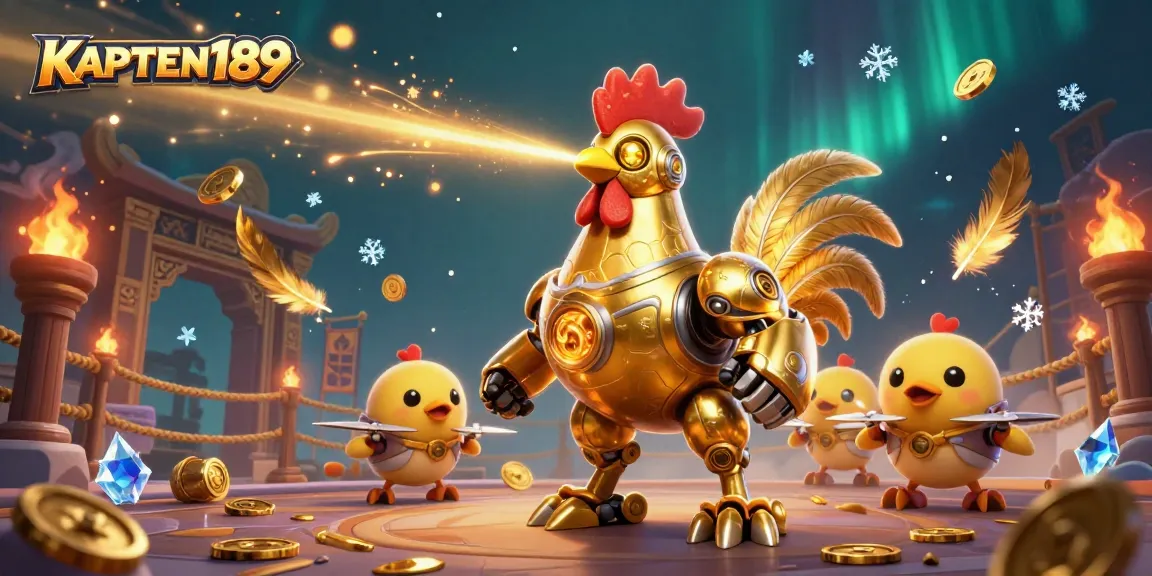 KAPTEN189 menghibur pemain dengan robot ayam emas yang menembakkan laser di arena perjudian yang megah.