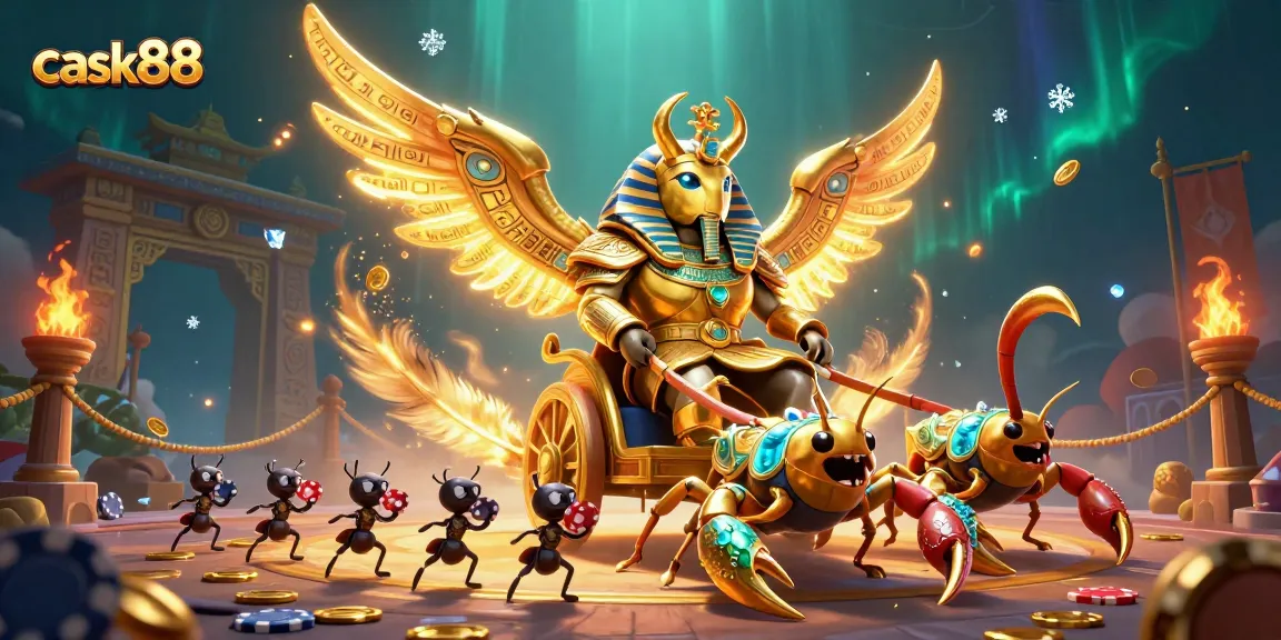 Cask88 elevates the gaming experience with a grand scene of a golden scarab beetle amidst dramatic casino elements.