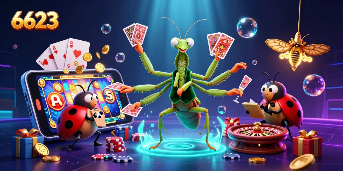 Experience the vibrant world of 6623 as a giant mantis dealer entertains players amidst thrilling casino games.